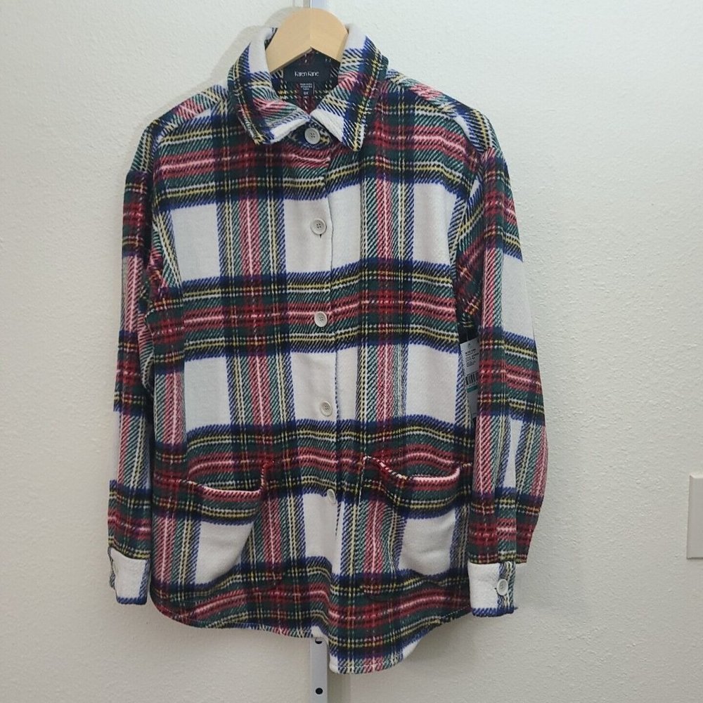 Karen Kane On the Town Tartan Jacket Shacket Size 0X Red White Blue Pocket NWT